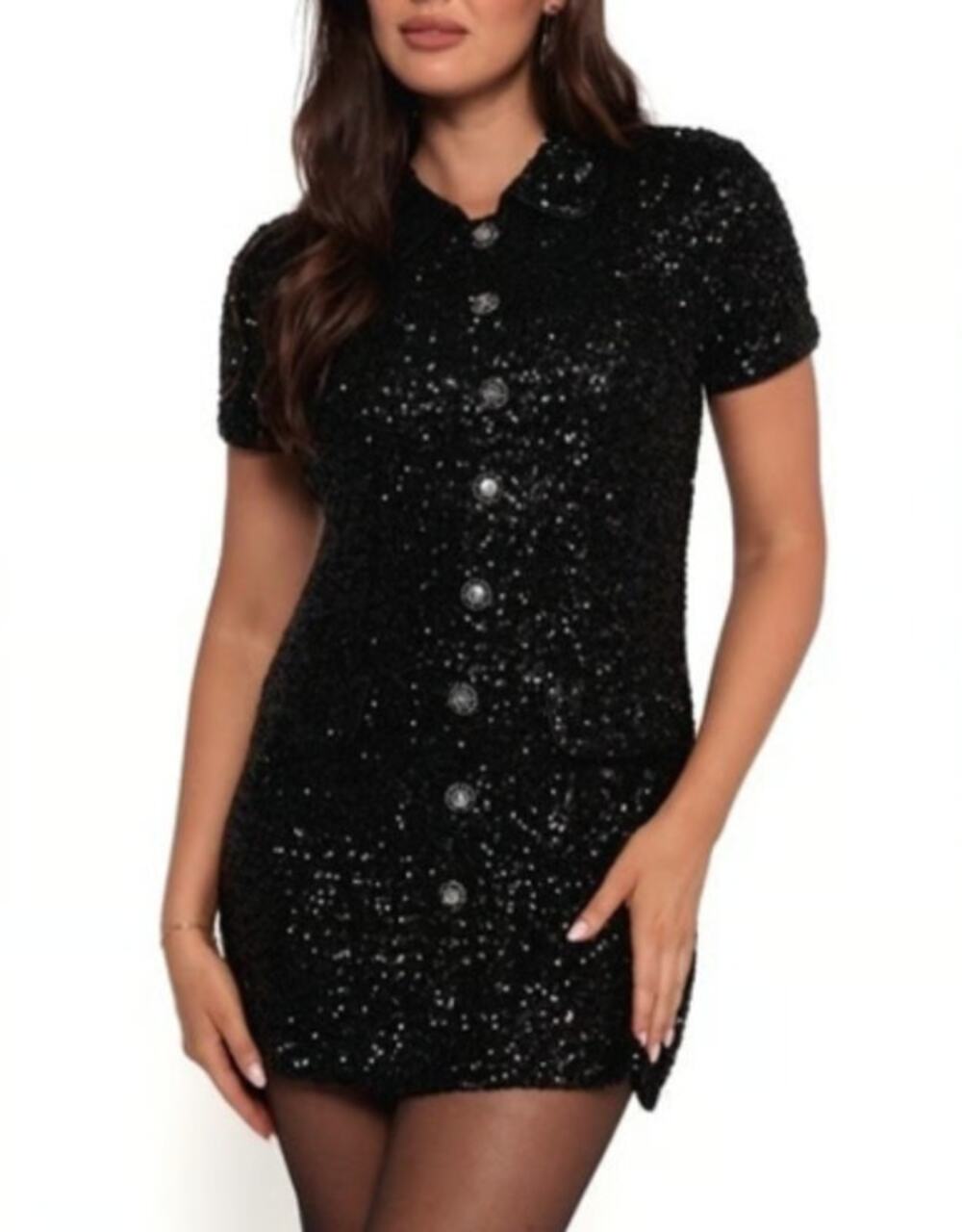 Mable Anthropologie Black Sequin Collared Mini Party Dress Peter Pan Medium NWT